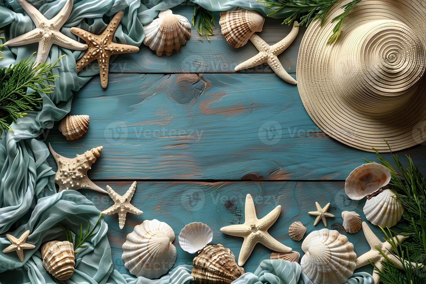 Coastal Summer Vibes with Seashells, Starfish, and a Straw Hat on Turquoise Wooden Background photo