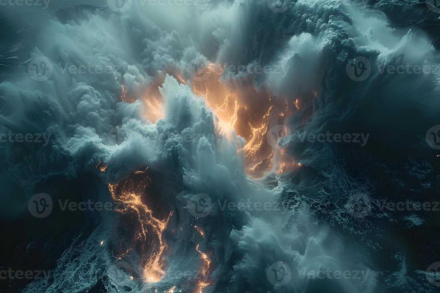 Dramatic Ocean Storm with Fiery Lightning and Turbulent Waves photo