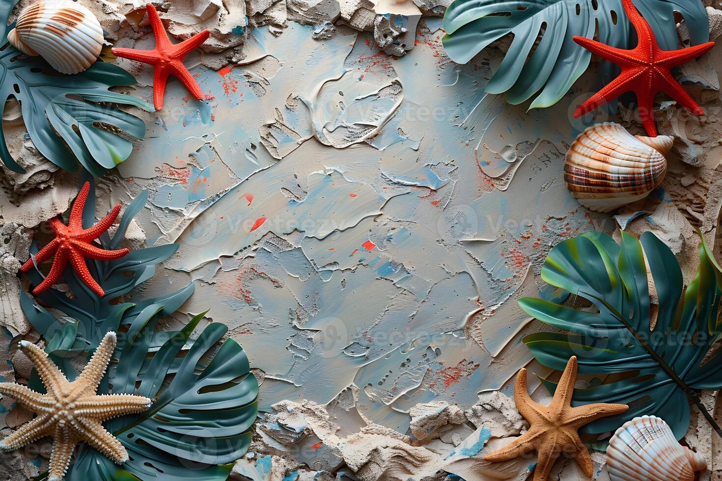 Tropical Beach Scene with Seashells and Starfish on Textured Background for Summer Decor photo