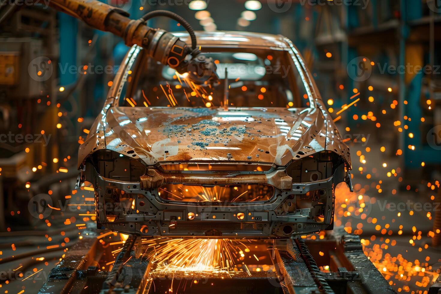 Automated Manufacturing Process in Automotive Factory with Robotics and Welding Technology photo