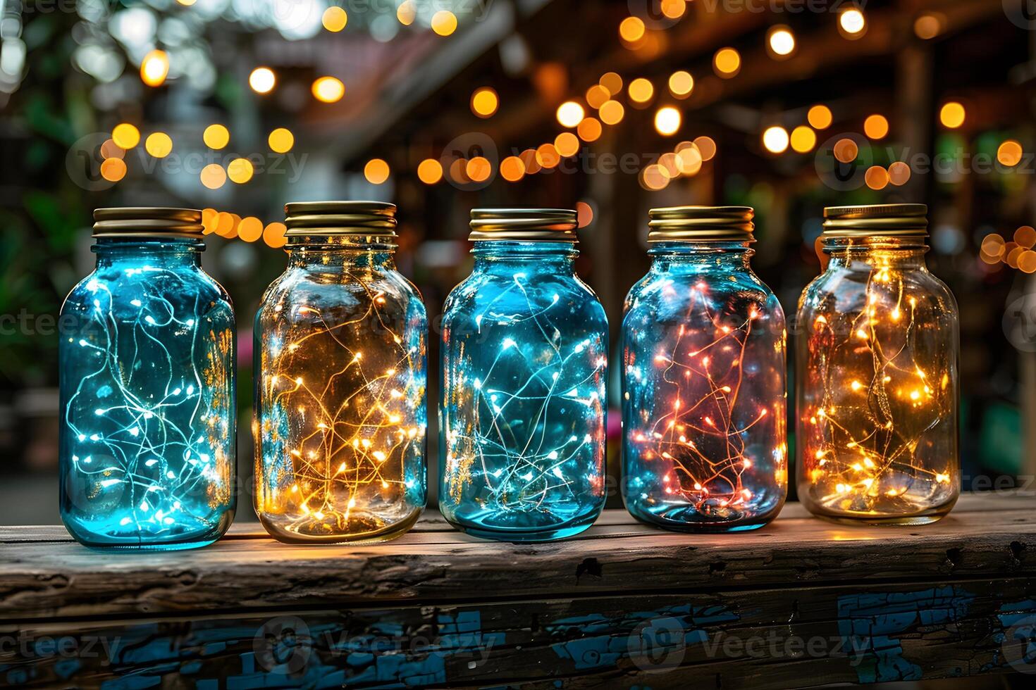 Enchanting Outdoor Decor with Illuminated Fairy Lights in Mason Jars for Rustic Evening Events photo