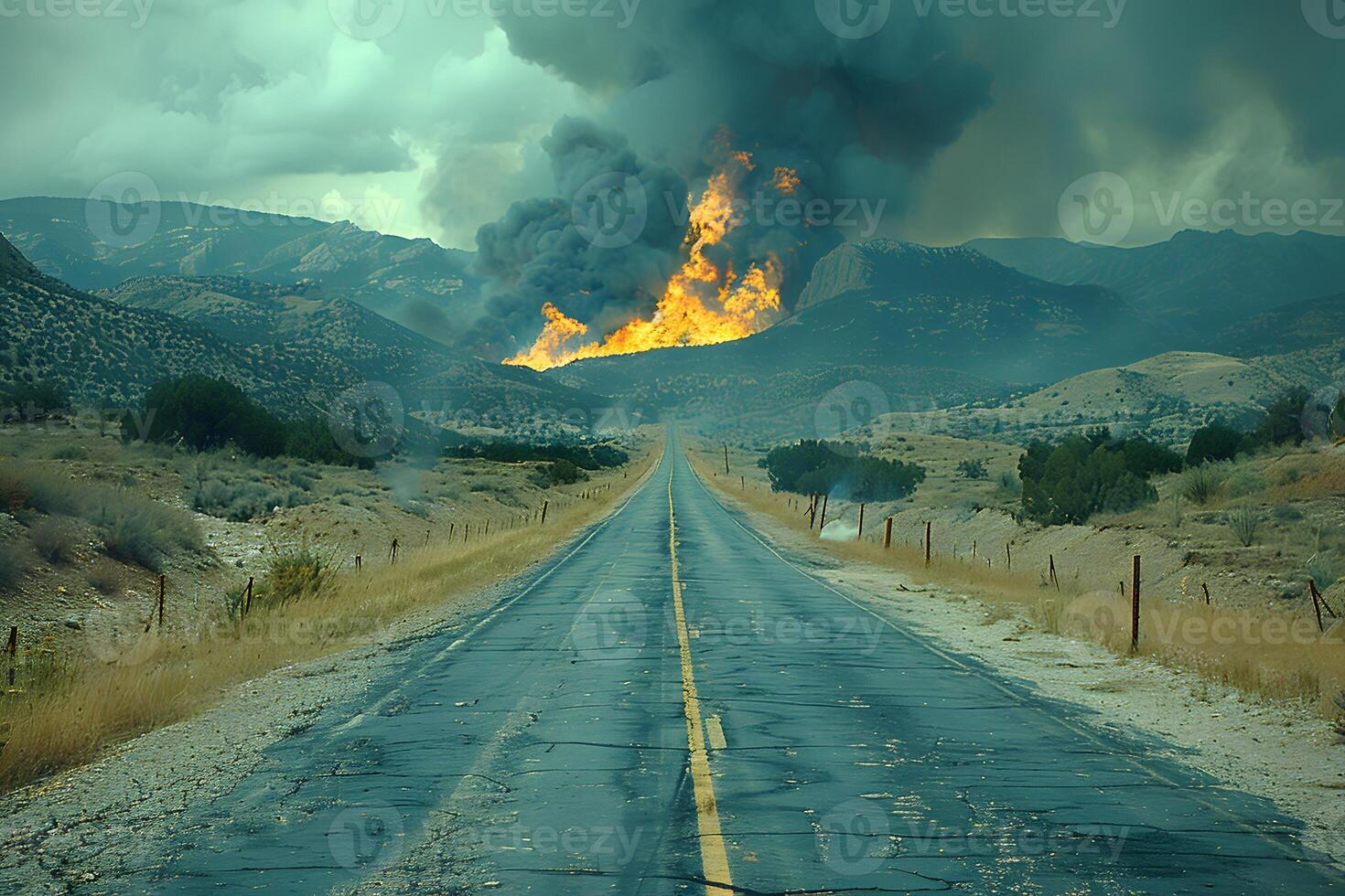 Dramatic Countryside Scene with Intense Fire and Smoke on Mountain Horizon photo