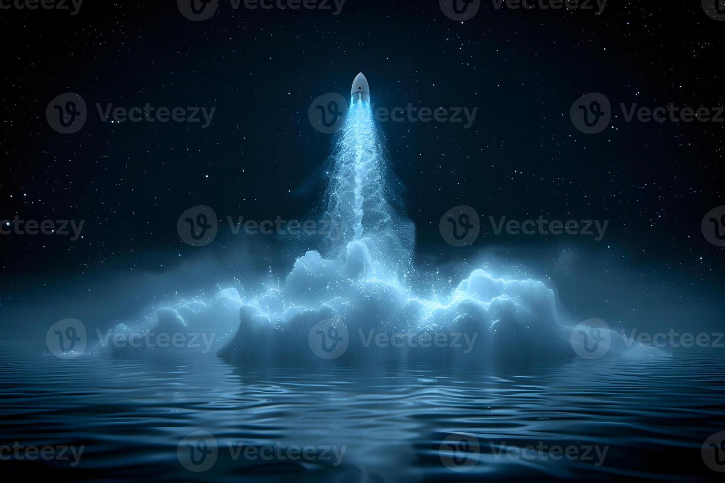 Futuristic Night Rocket Launch Over Ocean - Science Fiction Concept Art photo