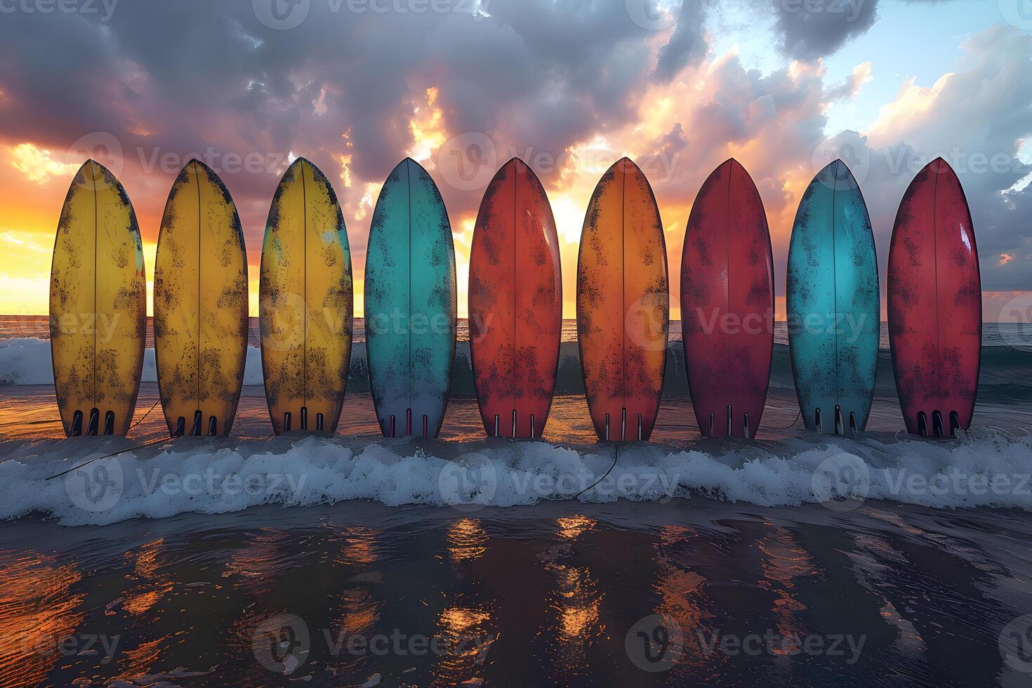 Vibrant Surfboard Lineup at Sunrise on Scenic Beach for Summer Adventure Themes photo