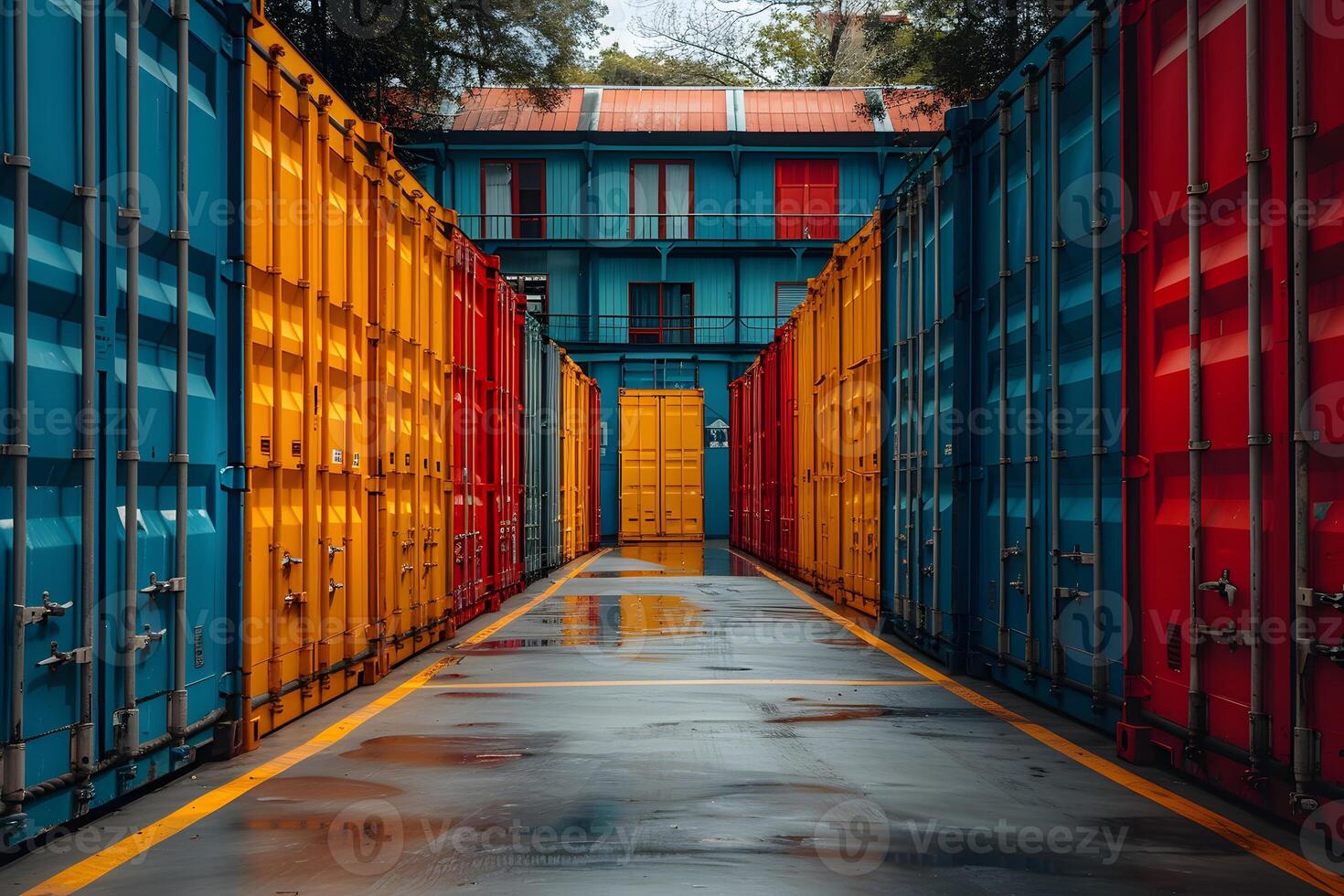 Vibrant Shipping Container Alley with Colorful Industrial Urban Scene Design photo