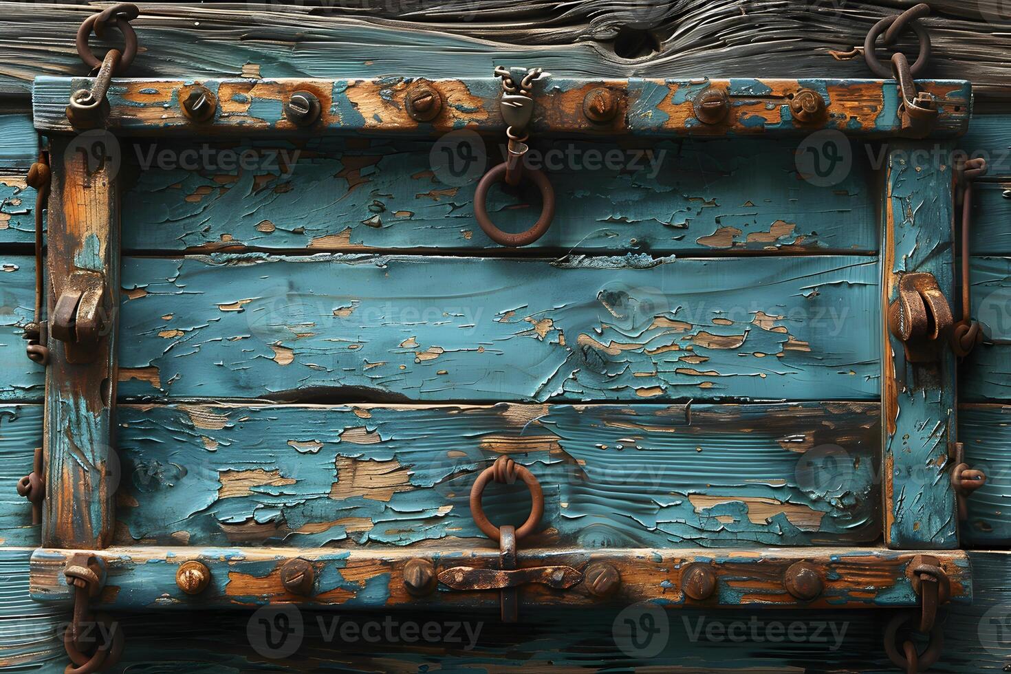 Rustic Wooden Frame with Peeling Paint and Metal Accents for Vintage Decoration photo