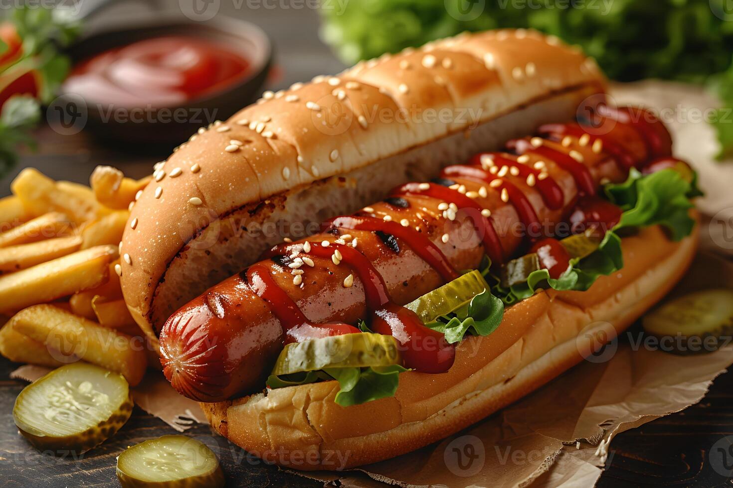 Grilled Hot Dog with Ketchup and Pickles Perfect for a Classic American Picnic photo