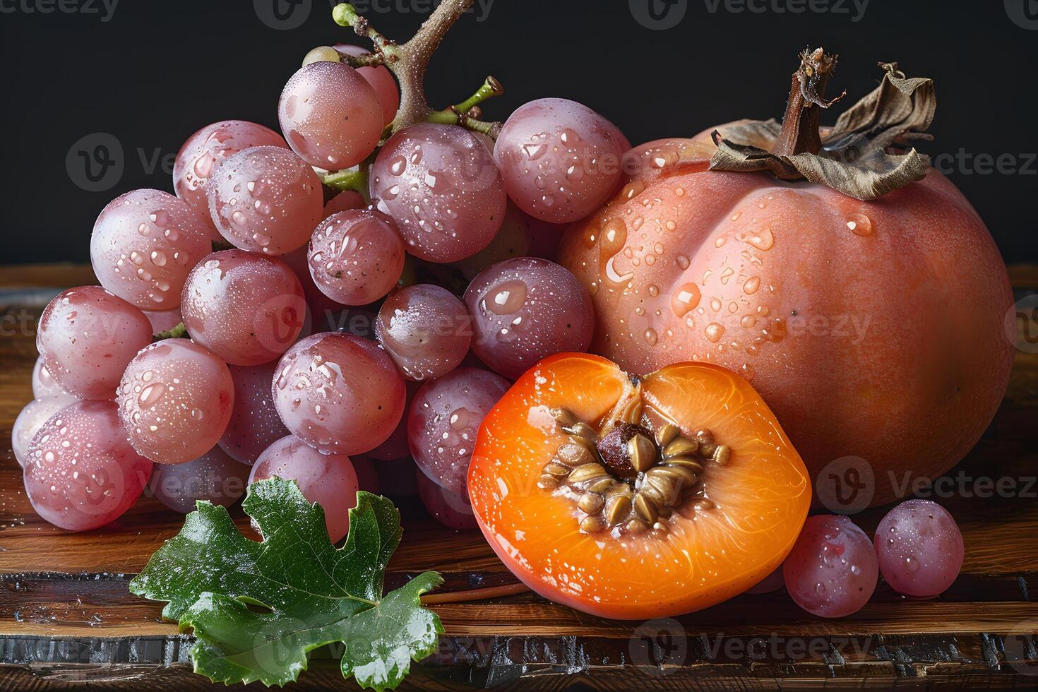 Fresh Autumn Harvest Grapes and Persimmons with Dew Drops on Rustic Board photo