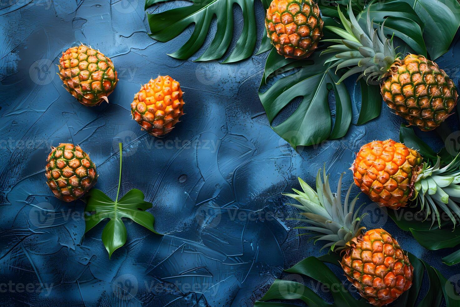 Tropical Pineapples with Monstera Leaves on Textured Blue Background for Summer Design photo