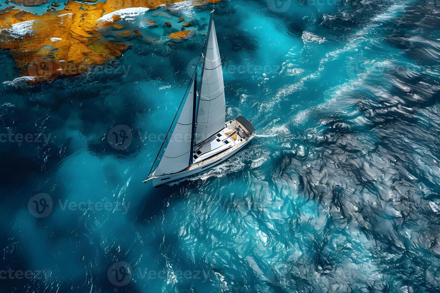 Aerial View of Sailboat Navigating Turquoise Waters Near Coastal Reefs photo