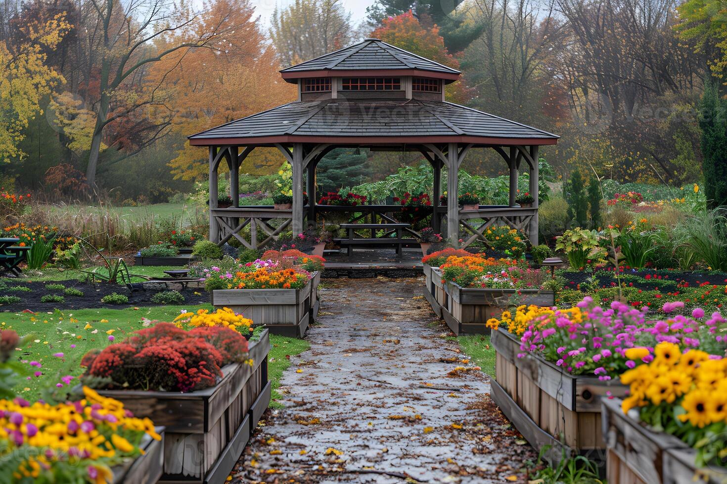 Autumn Garden Serenity Colorful Flowers and Rustic Wooden Gazebo in Foggy Park photo