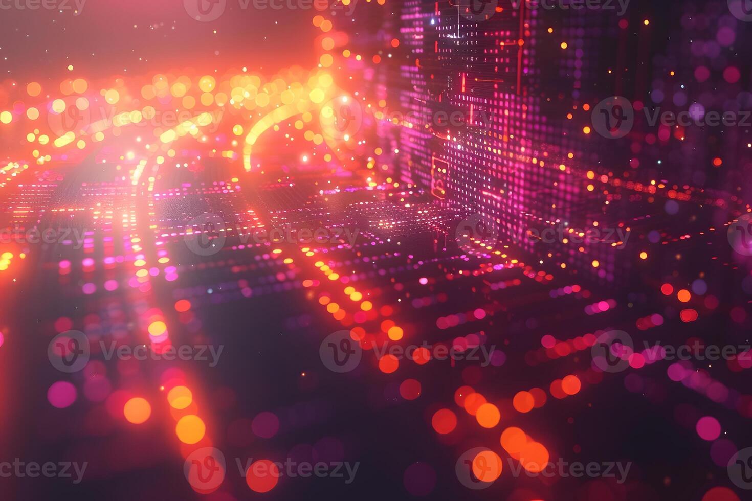 Futuristic Digital Matrix with Glowing Neon Lights and Bokeh Effect for Technology Design photo