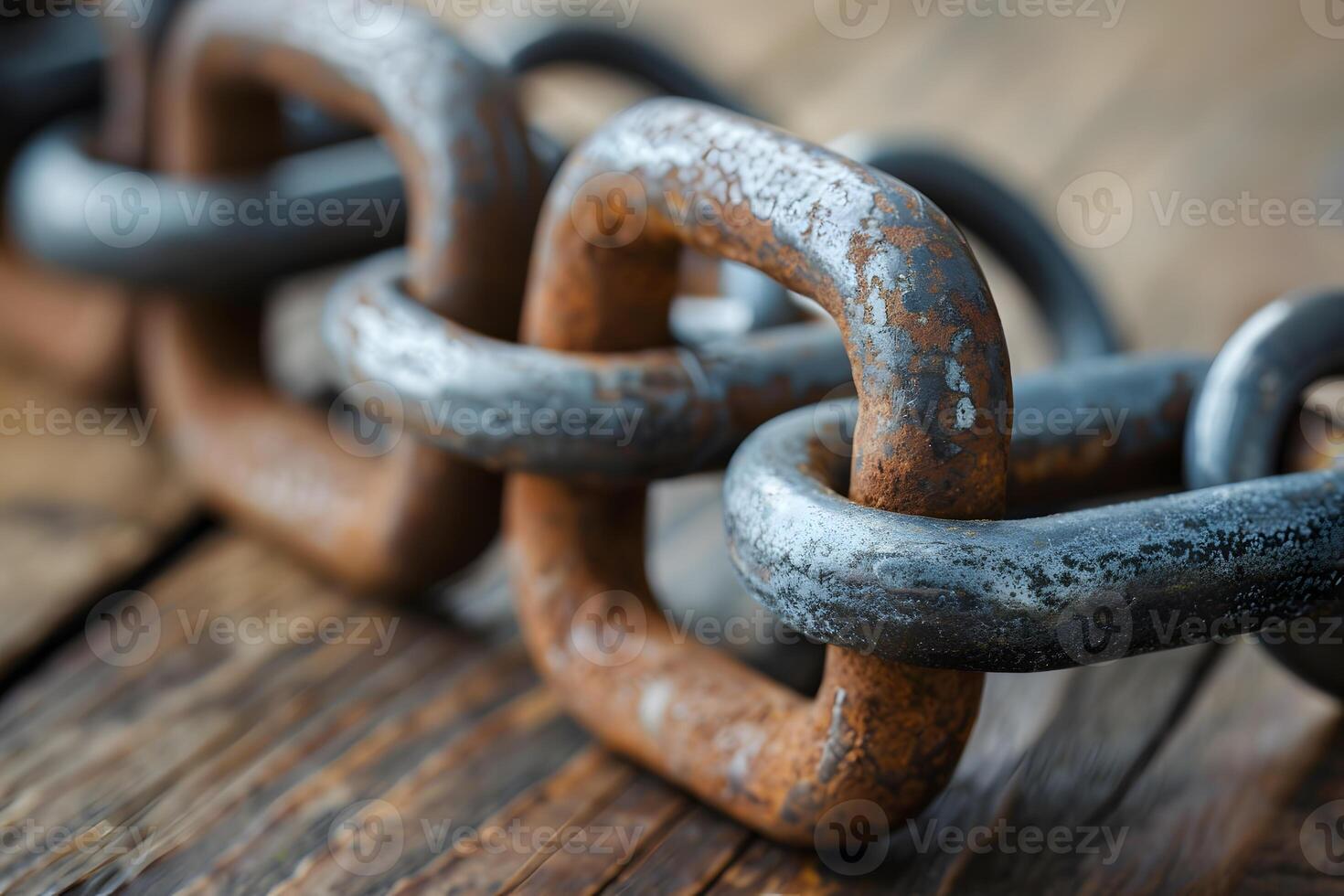 Rusty Metal Chain Links on Wooden Surface - Strength and Decay Concept for Industrial Design photo