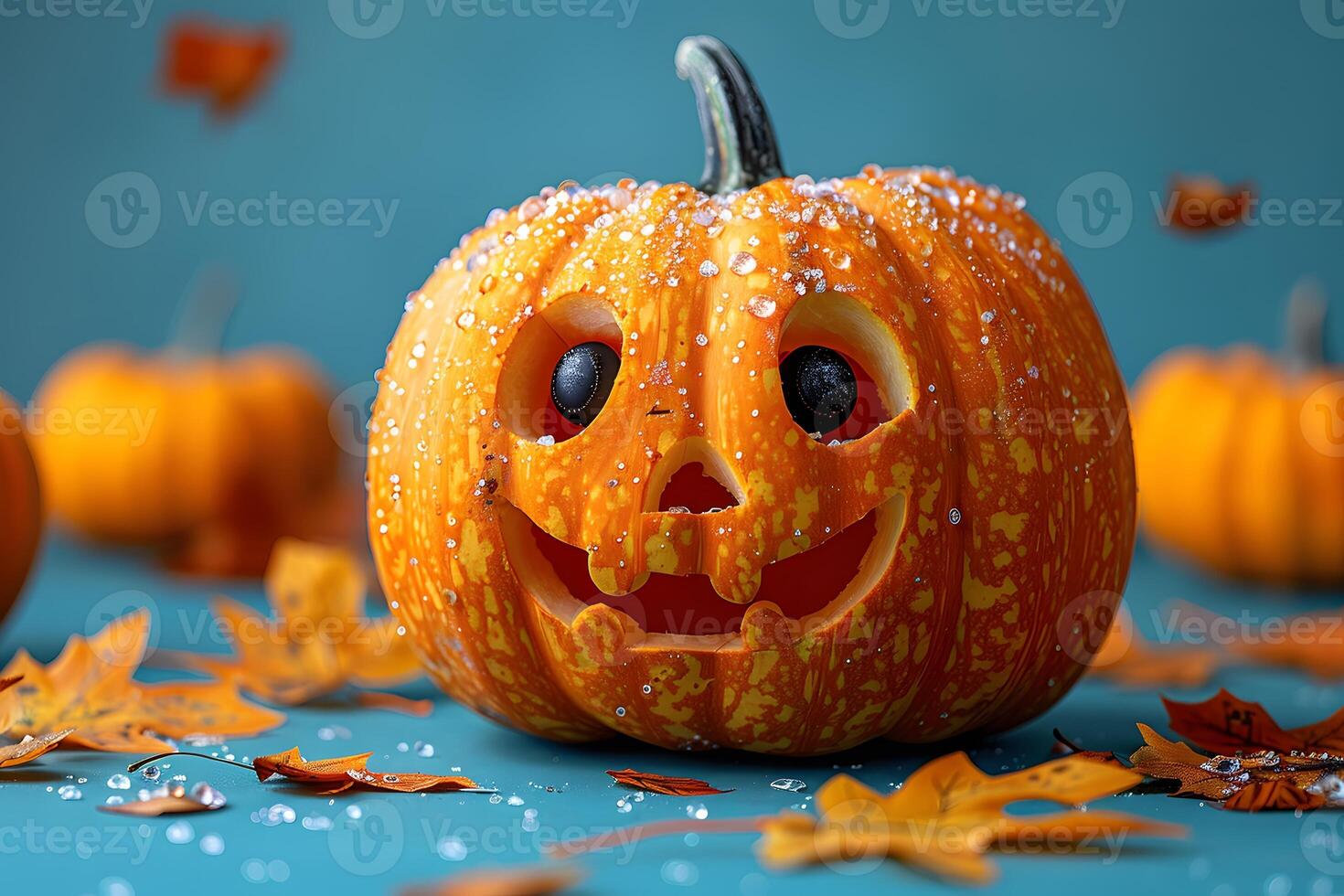 Halloween Jack-O'-Lantern with Water Droplets Surrounded by Autumn Leaves photo