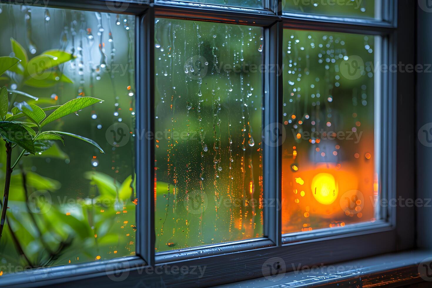 Warm Sunset Glow Through a Rain-Kissed Window with Lush Greenery photo