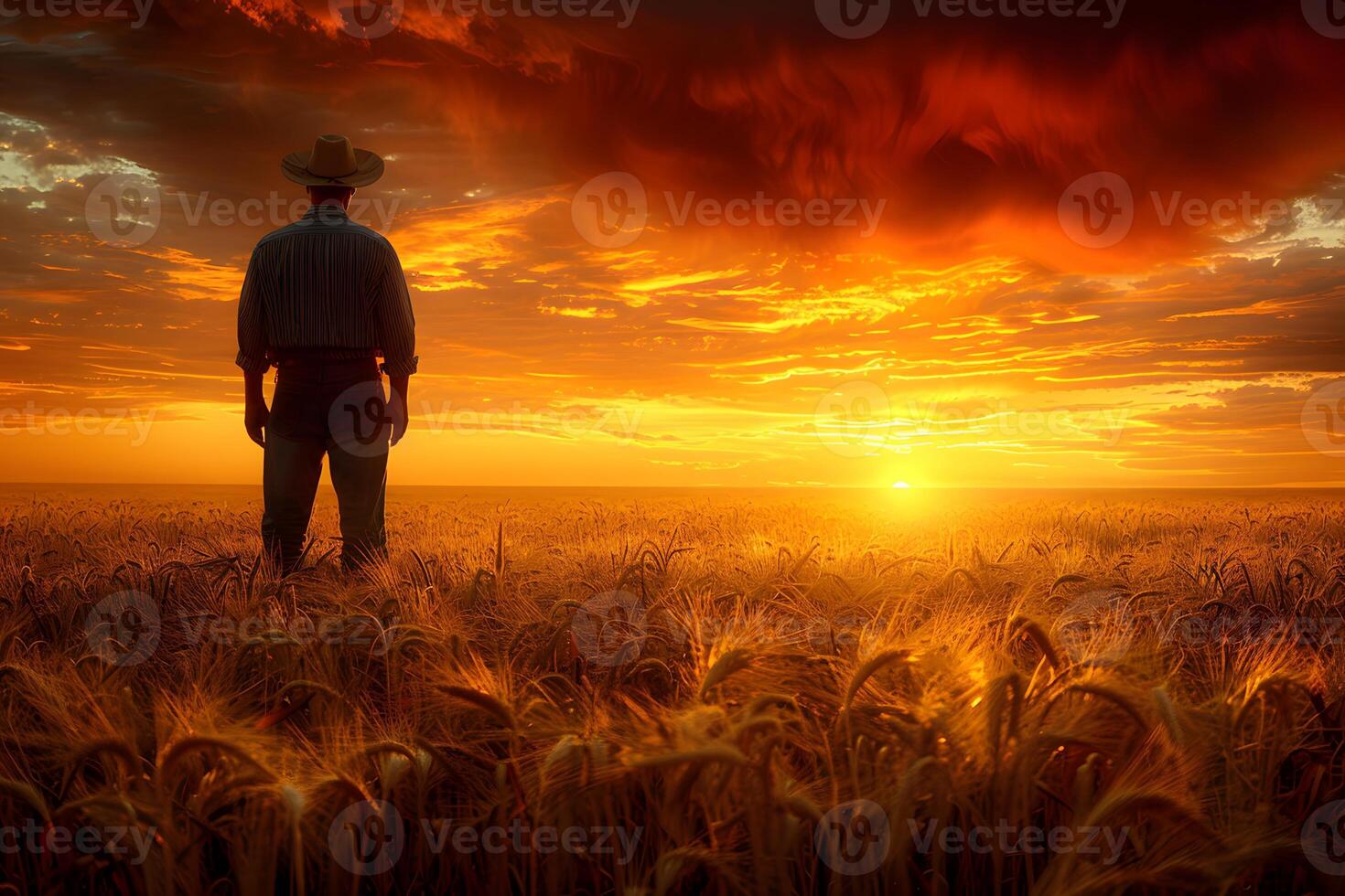 Farmer Contemplating a Golden Wheat Field at Sunset - Agricultural Serenity and Rural Reflection photo