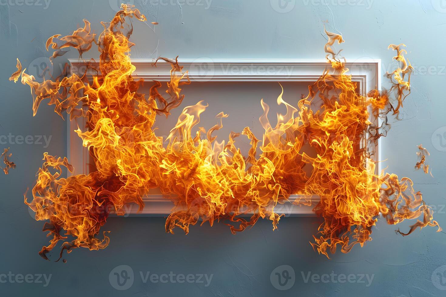 Fiery Art Frame Dynamic Flames Erupting from a Picture Frame on Blue Wall photo