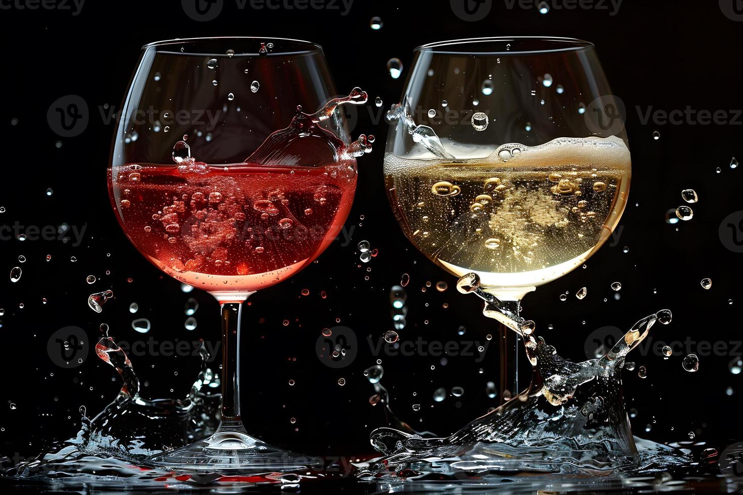Dynamic Splash of Red and White Wine in Glasses - Perfect for Celebratory Events and Wine-Themed Designs photo