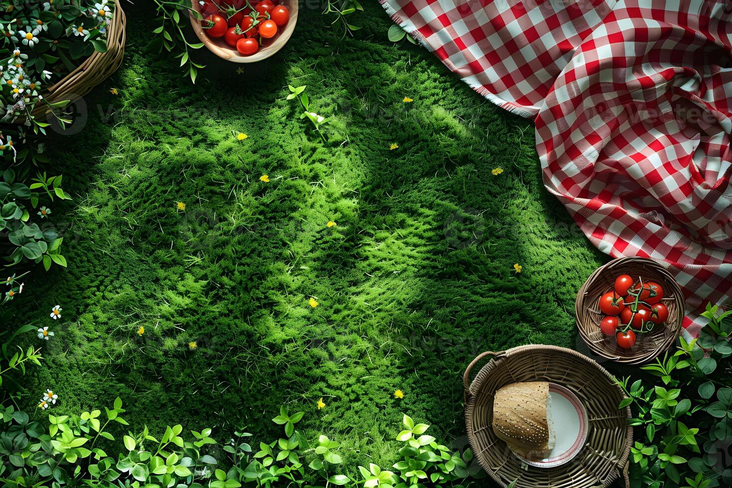 Picnic Setting with Fresh Tomatoes and Lush Greenery for Summer Outdoor Gatherings photo