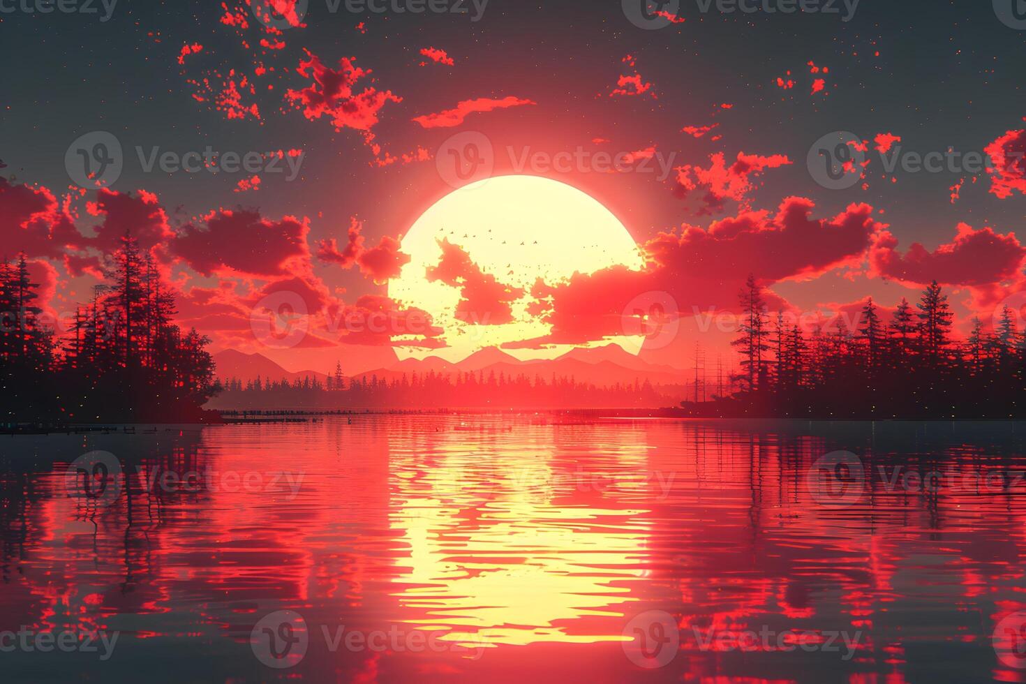 Surreal Sunset Landscape with Red Clouds and Reflective Lake Tranquility photo
