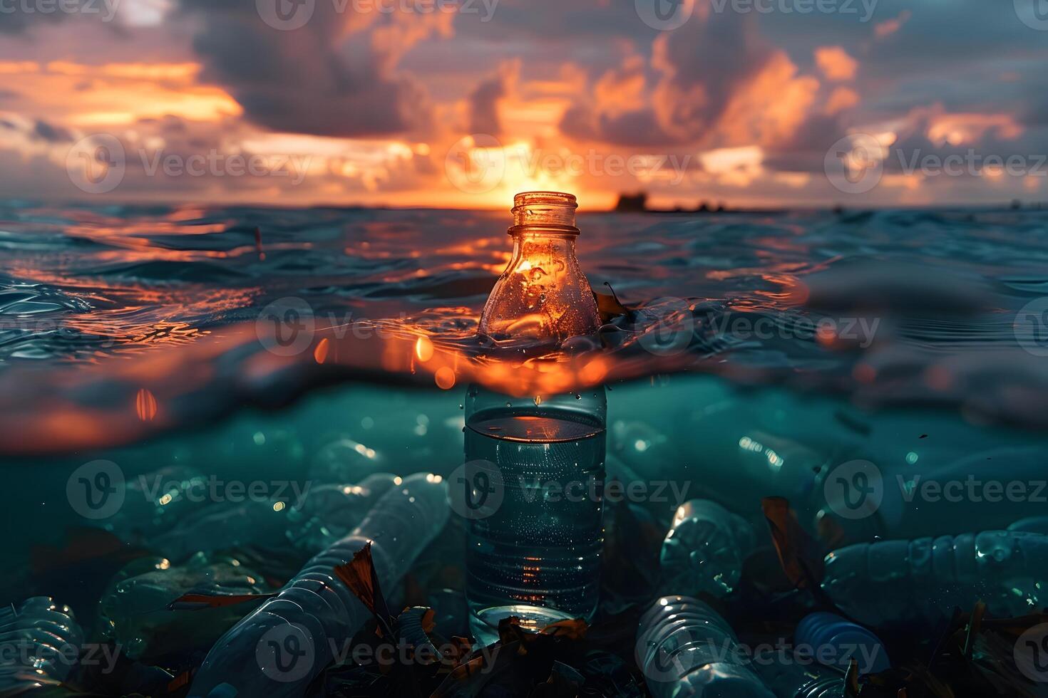 Environmental Impact Plastic Pollution in Ocean at Sunset - Nature Conservation Awareness photo