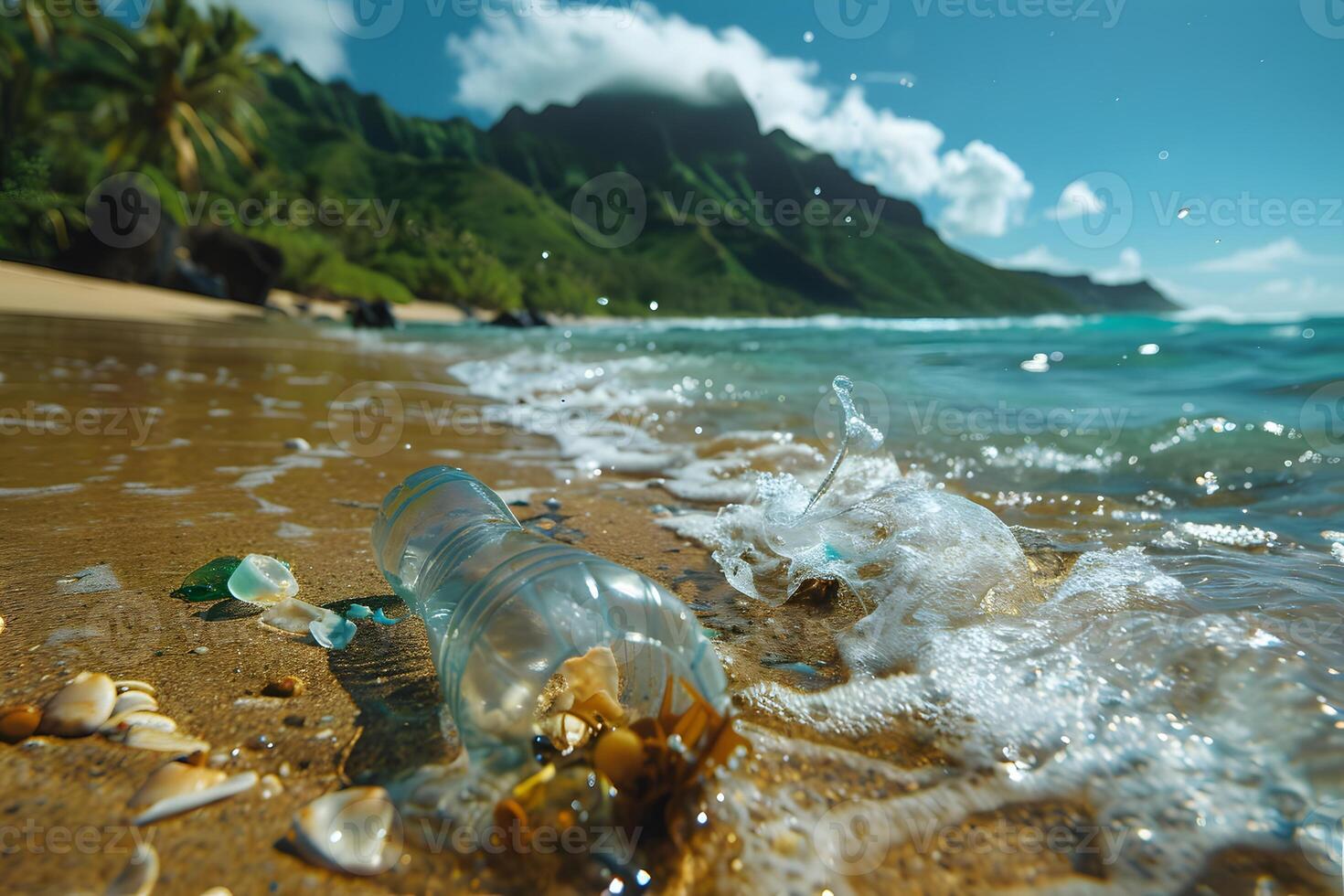 Tropical Beach Scene with Plastic Pollution Highlighting Environmental Awareness photo