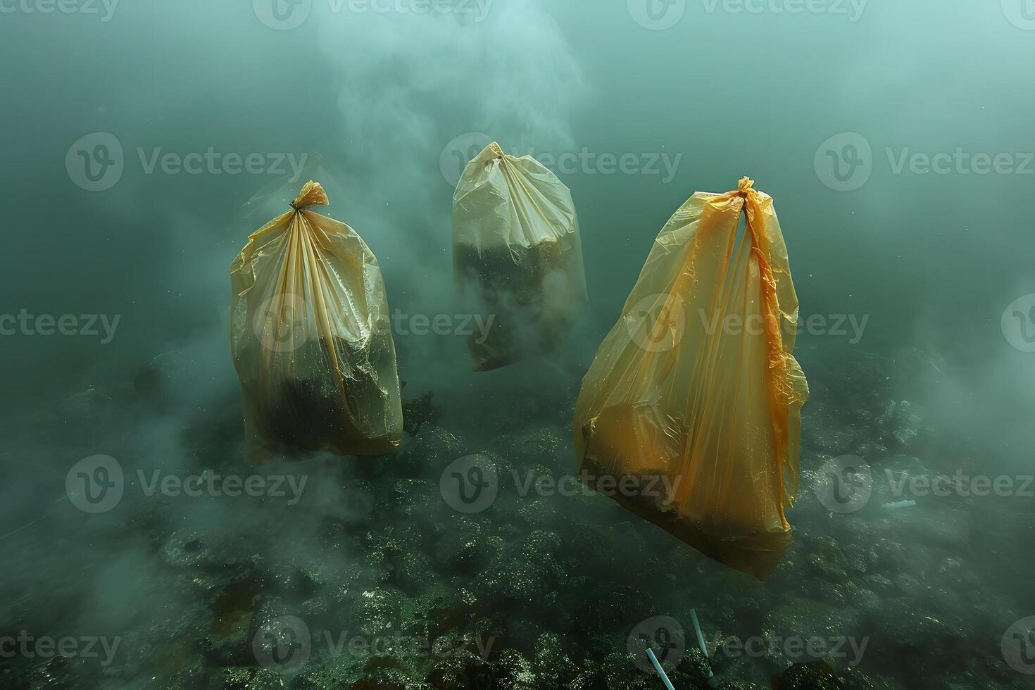 Underwater Pollution Plastic Waste Bags in Ocean Environment photo