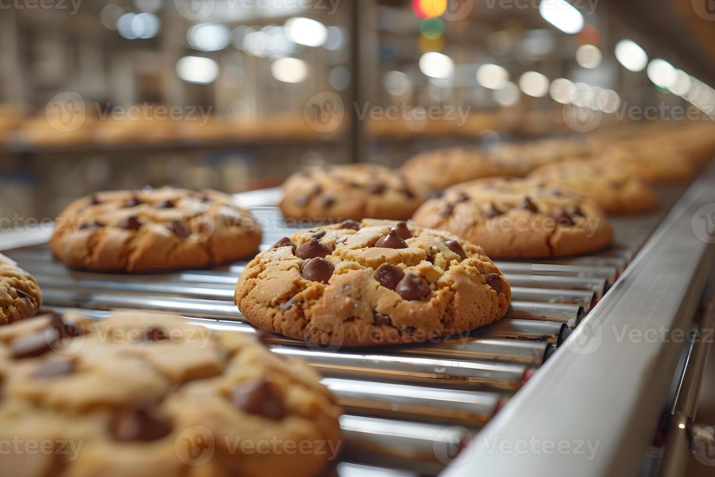 Chocolate Chip Cookie Production Line Freshly Baked Dessert Concept for Culinary Inspiration photo
