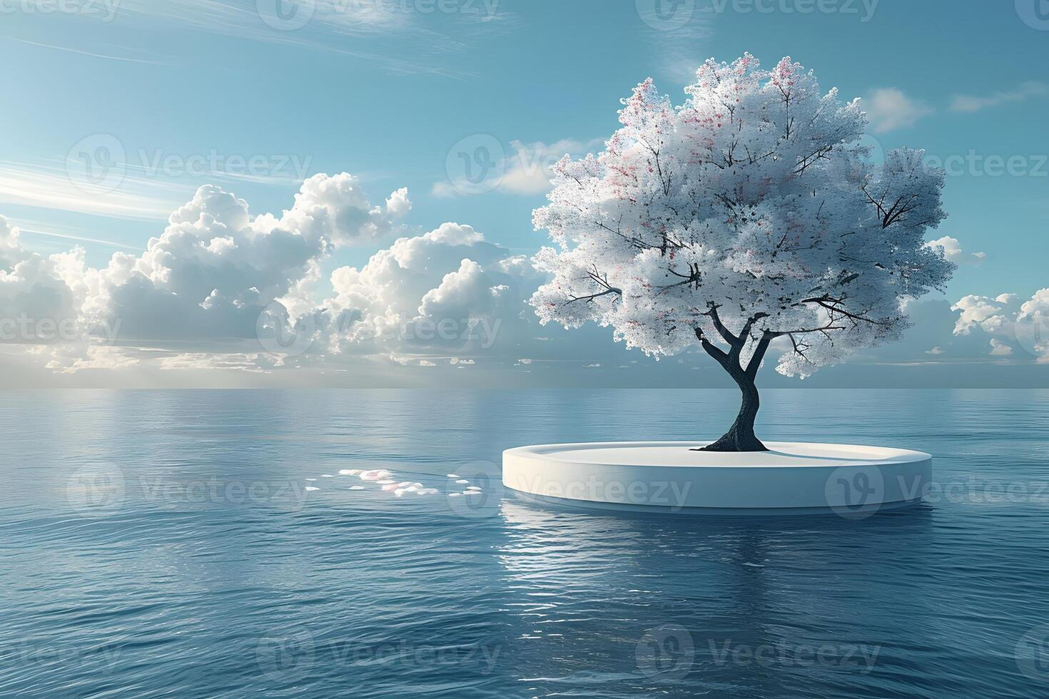 Serene Minimalist Scene with Blooming Tree on Floating Platform in Tranquil Ocean photo