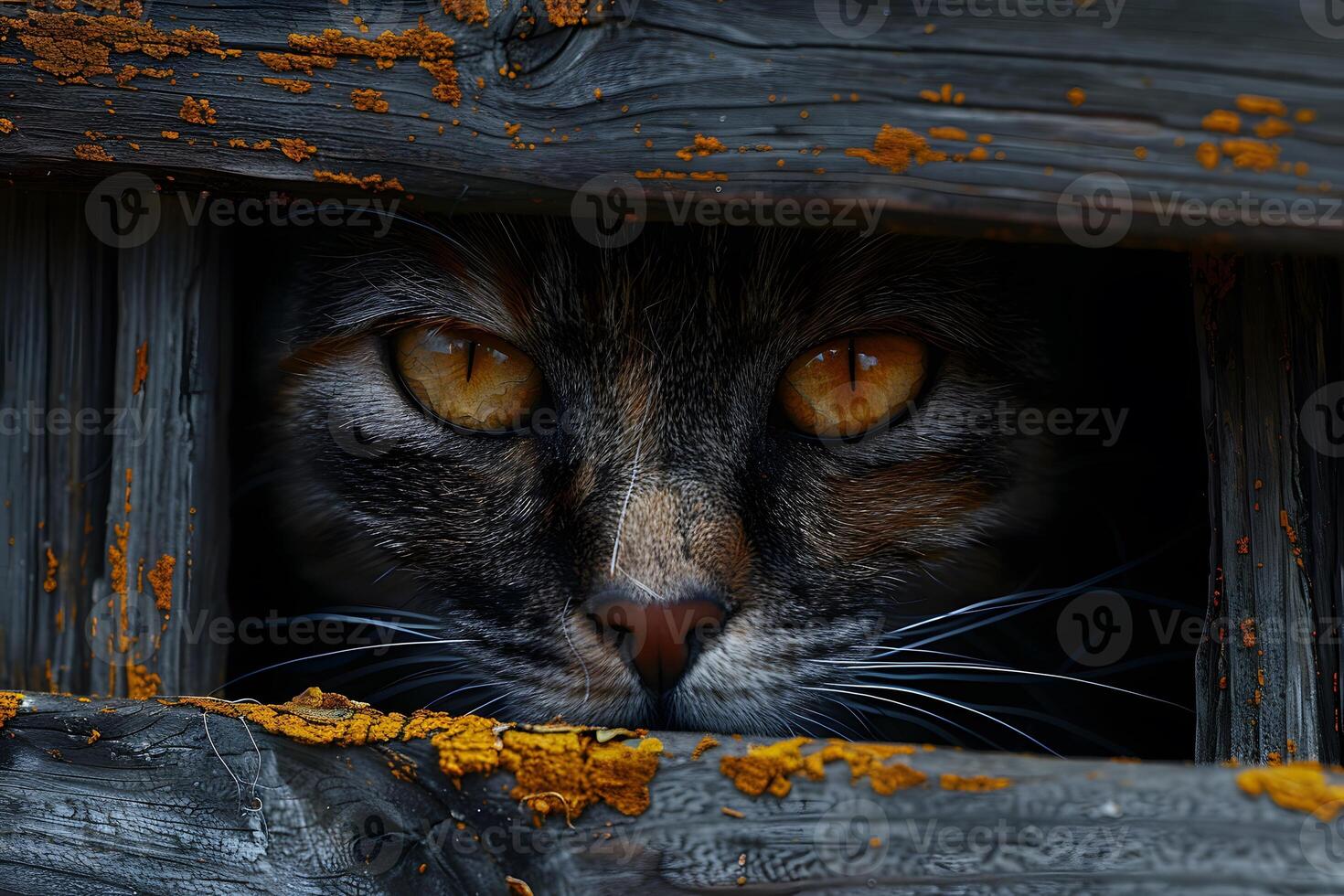 Curious Cat Peering Through Wooden Fence with Orange Lichen Accents photo