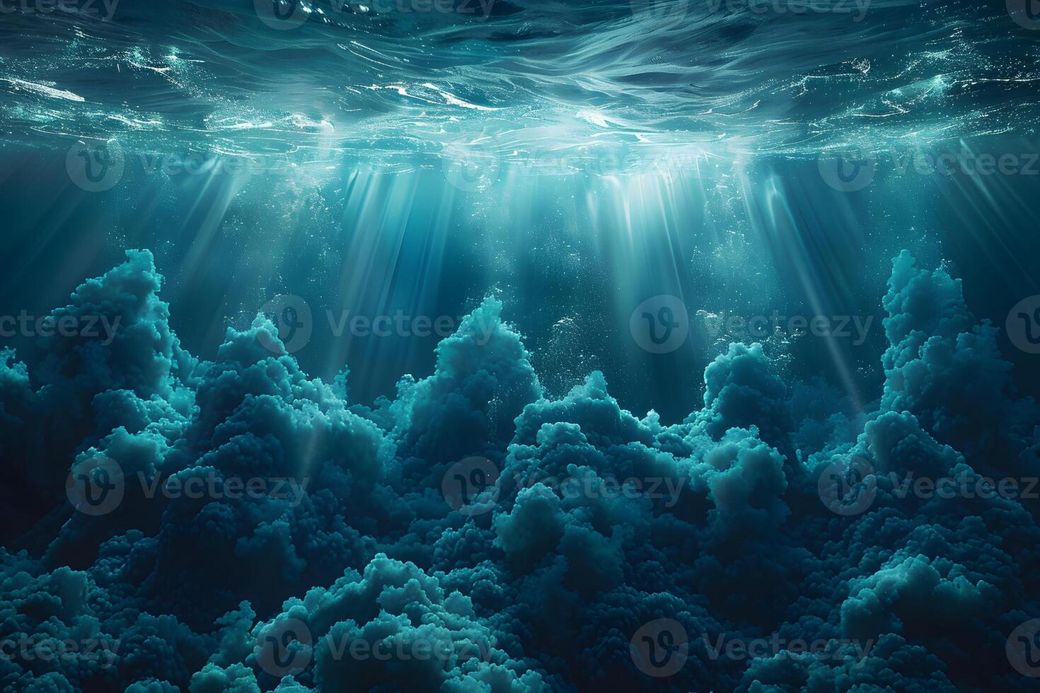 Mysterious Underwater Scene with Sunlight Rays Through Ocean Waves photo