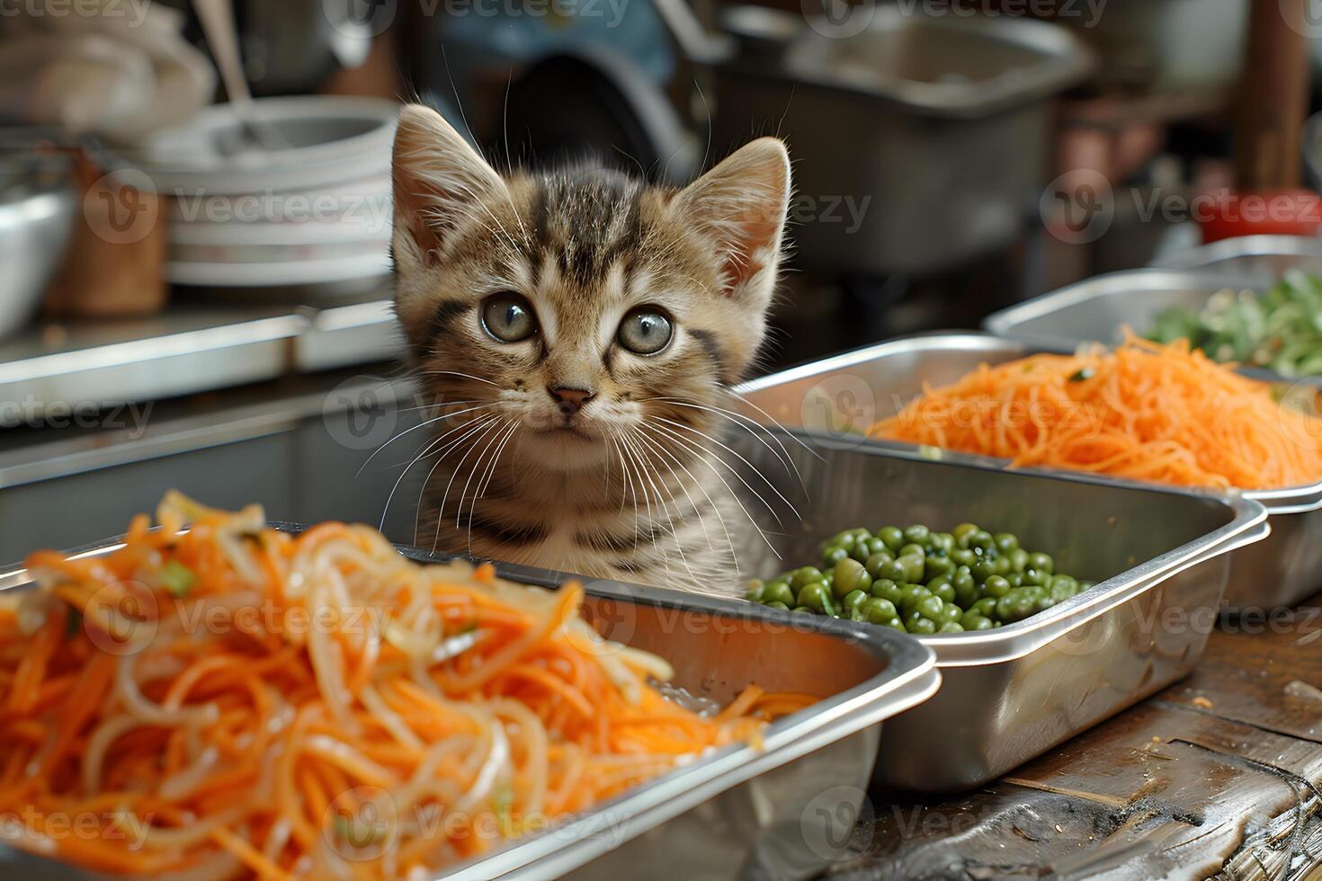 Curious Kitten in a Kitchen with Fresh Vegetables for Authentic Culinary Scene photo