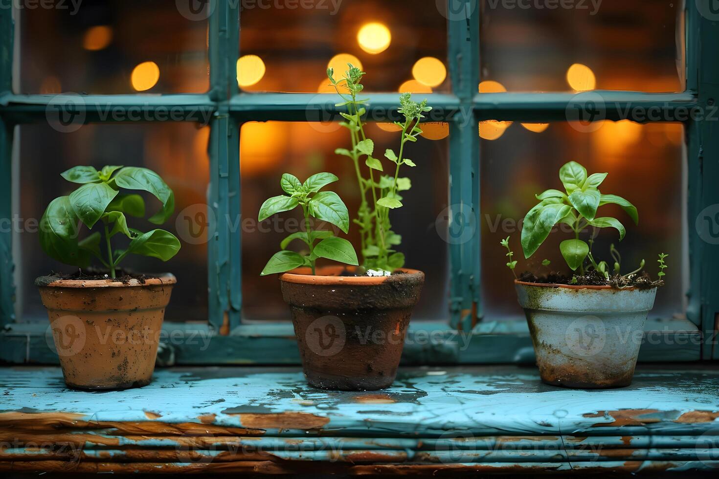 Cozy Indoor Herb Garden with Potted Basil Plants by Rustic Window photo