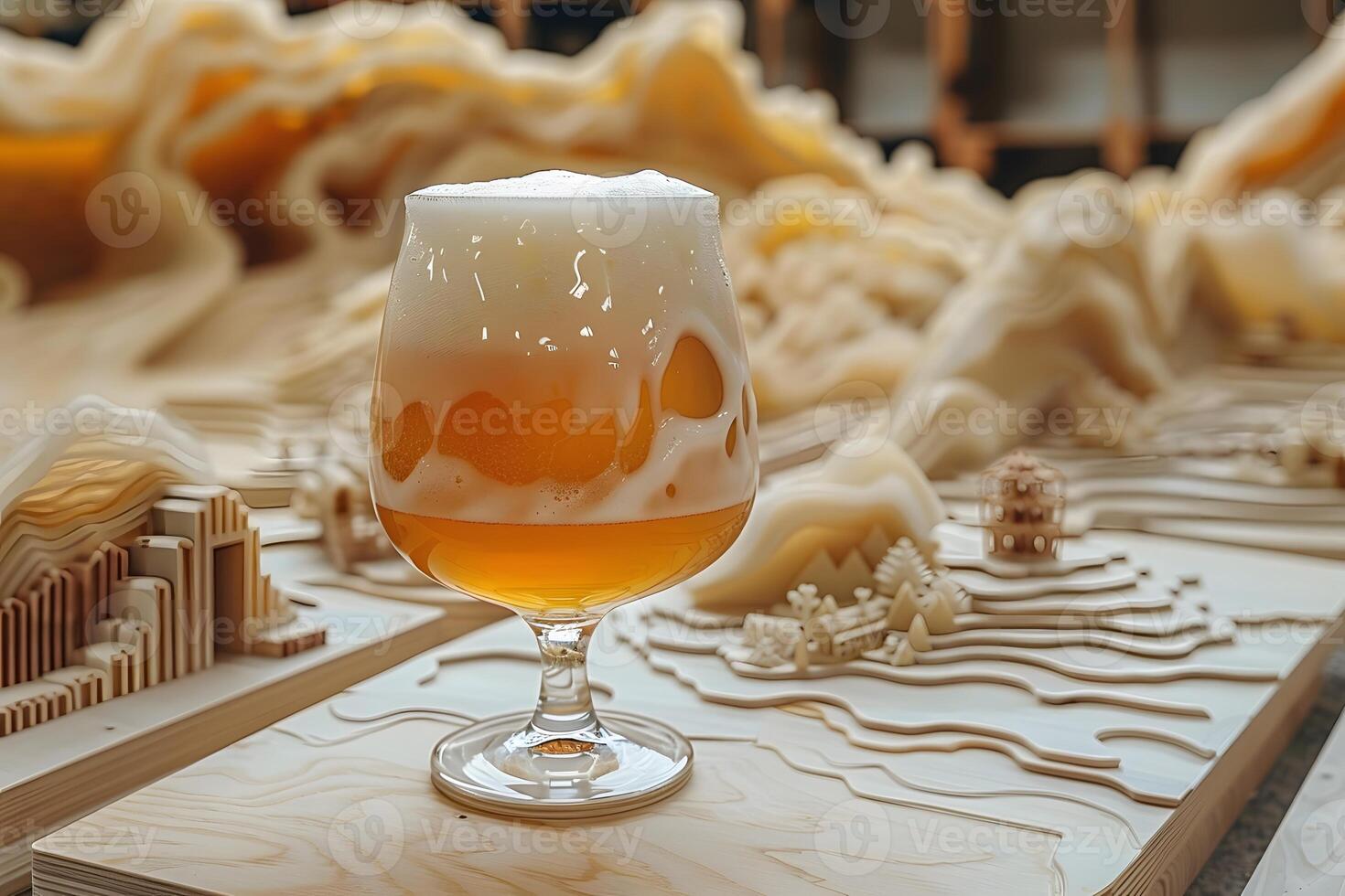 Innovative Craft Beer Glass with Artistic Foam in Creative Bar Setting photo