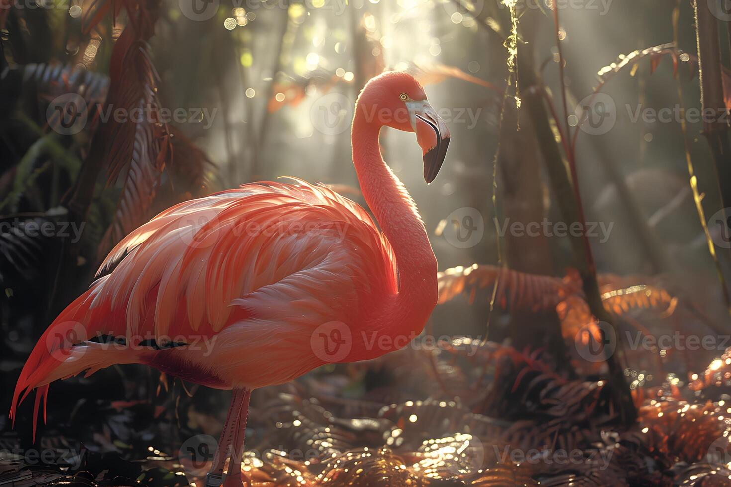 Elegant Flamingo in Lush Tropical Forest with Sunlit Rays - Nature Photography photo