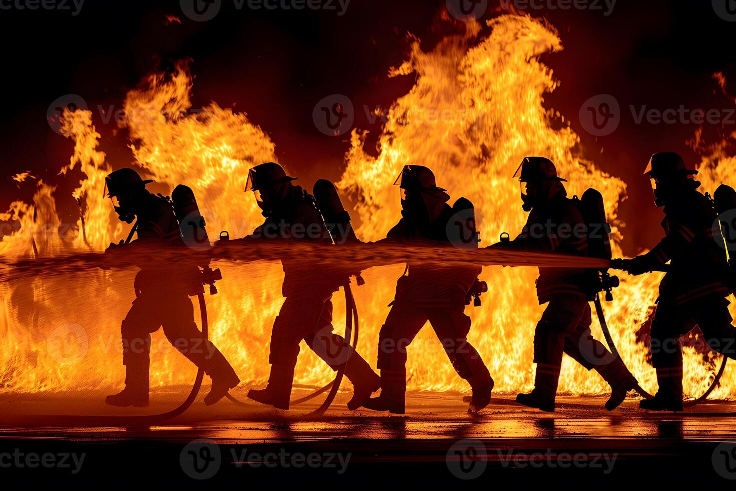 Team of Firefighters Battling Intense Blaze at Night for Safety and Rescue Operations photo