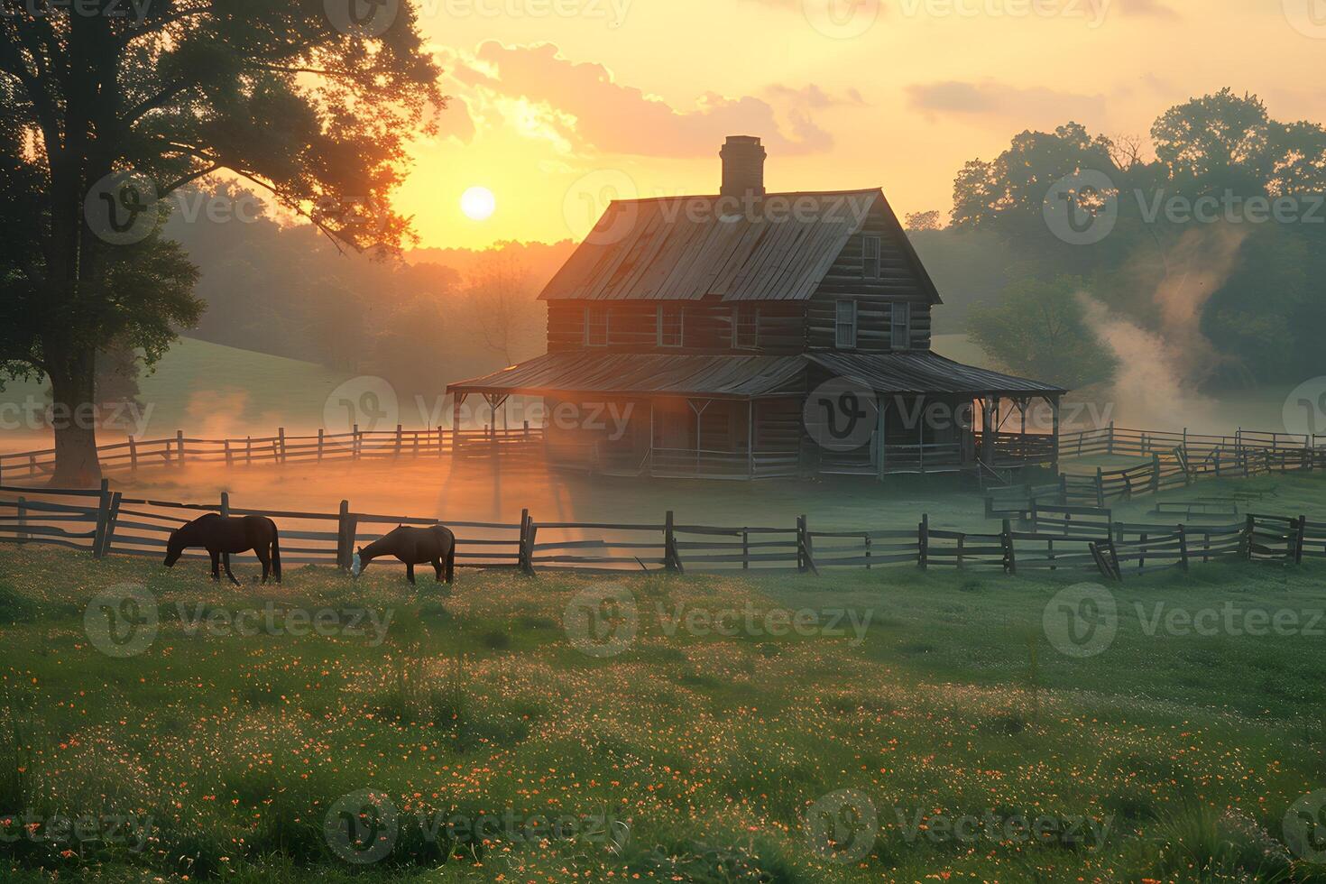 Tranquil Sunrise Over Rustic Farmhouse with Grazing Horses photo