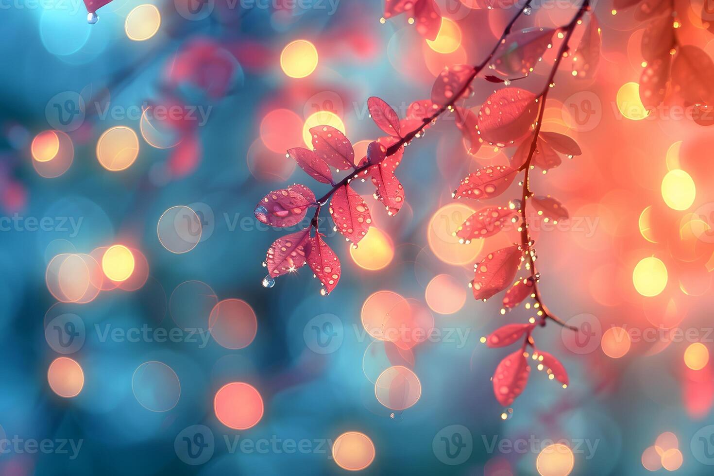 Enchanting Autumn Leaves with Dew and Bokeh Lights for Magical Nature Designs photo