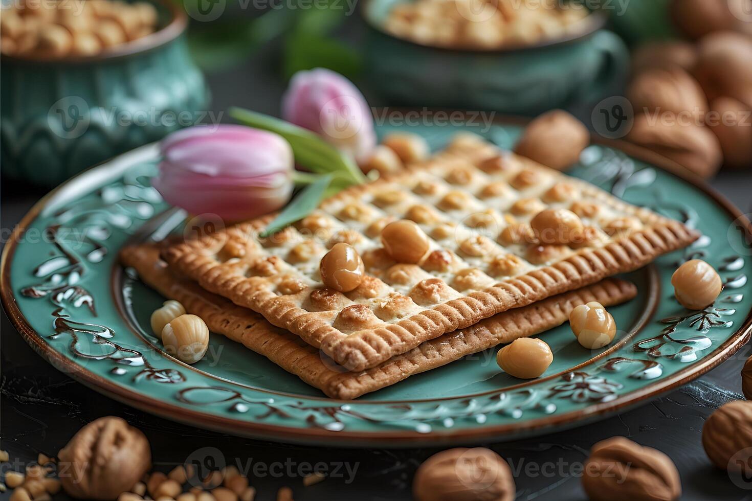 Elegant Display of Gourmet Crackers with Nuts and Tulips for Spring Table Setting photo