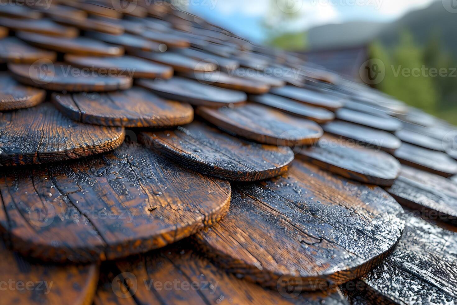 Rustic Cedar Shake Roof with Rainwater Drops on Wooden Shingles in a Rural Setting photo
