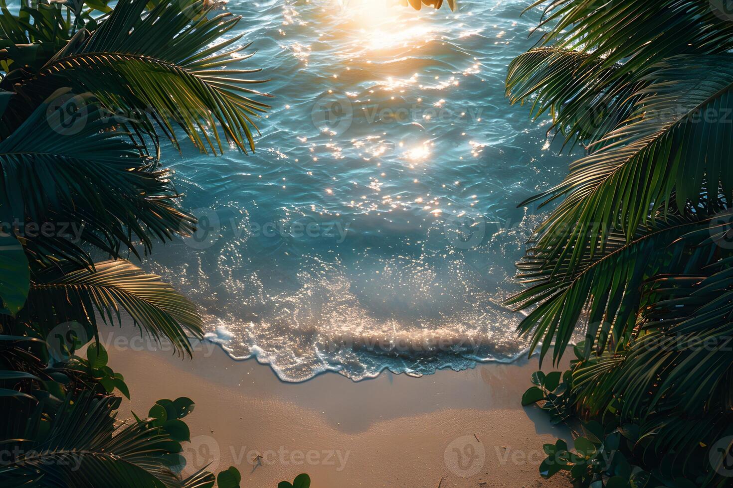 Serene Tropical Beach Sunset with Sparkling Ocean Waves and Lush Palm Trees photo