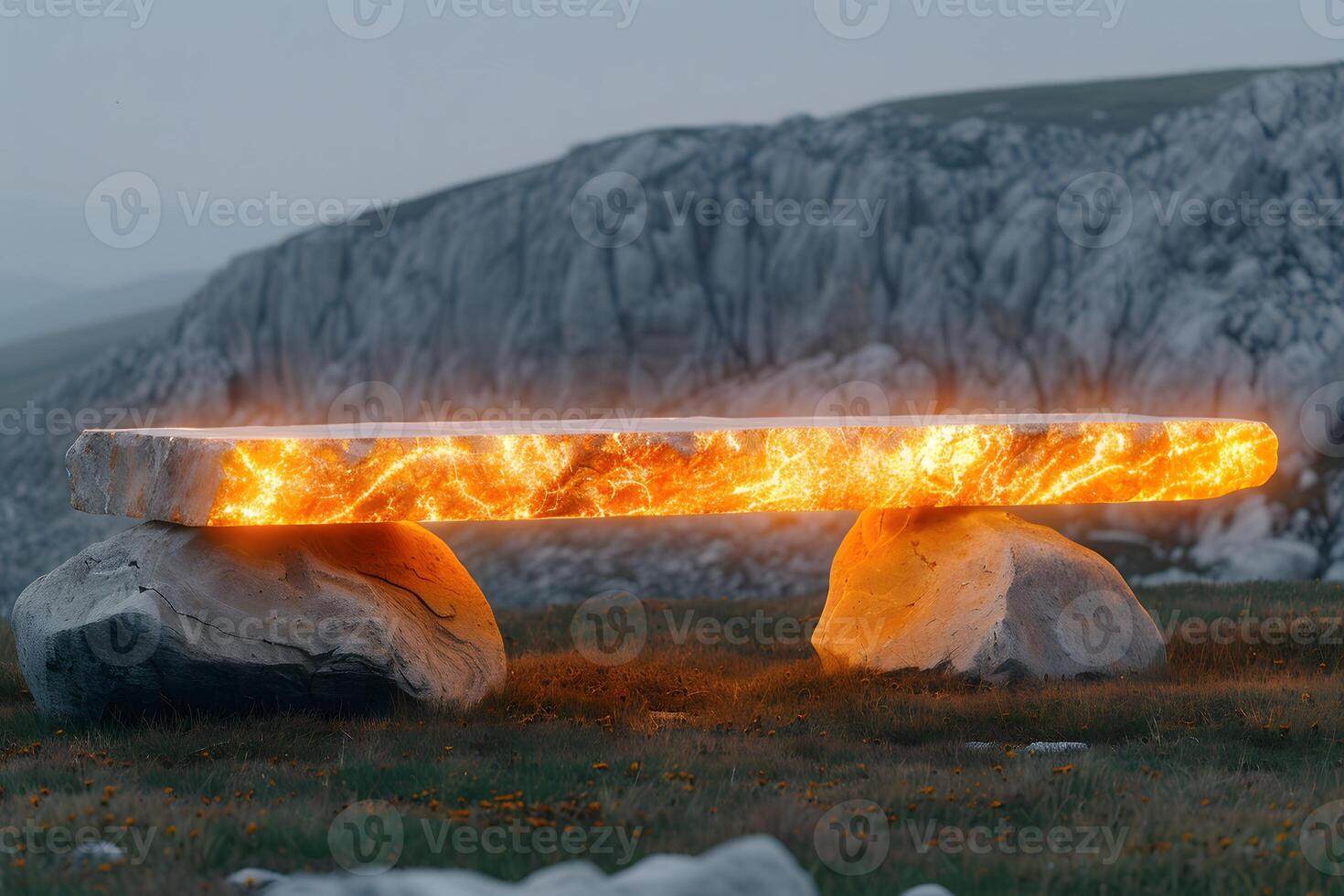 Mystical Glowing Stone Bench in a Rocky Landscape for Fantasy Design photo