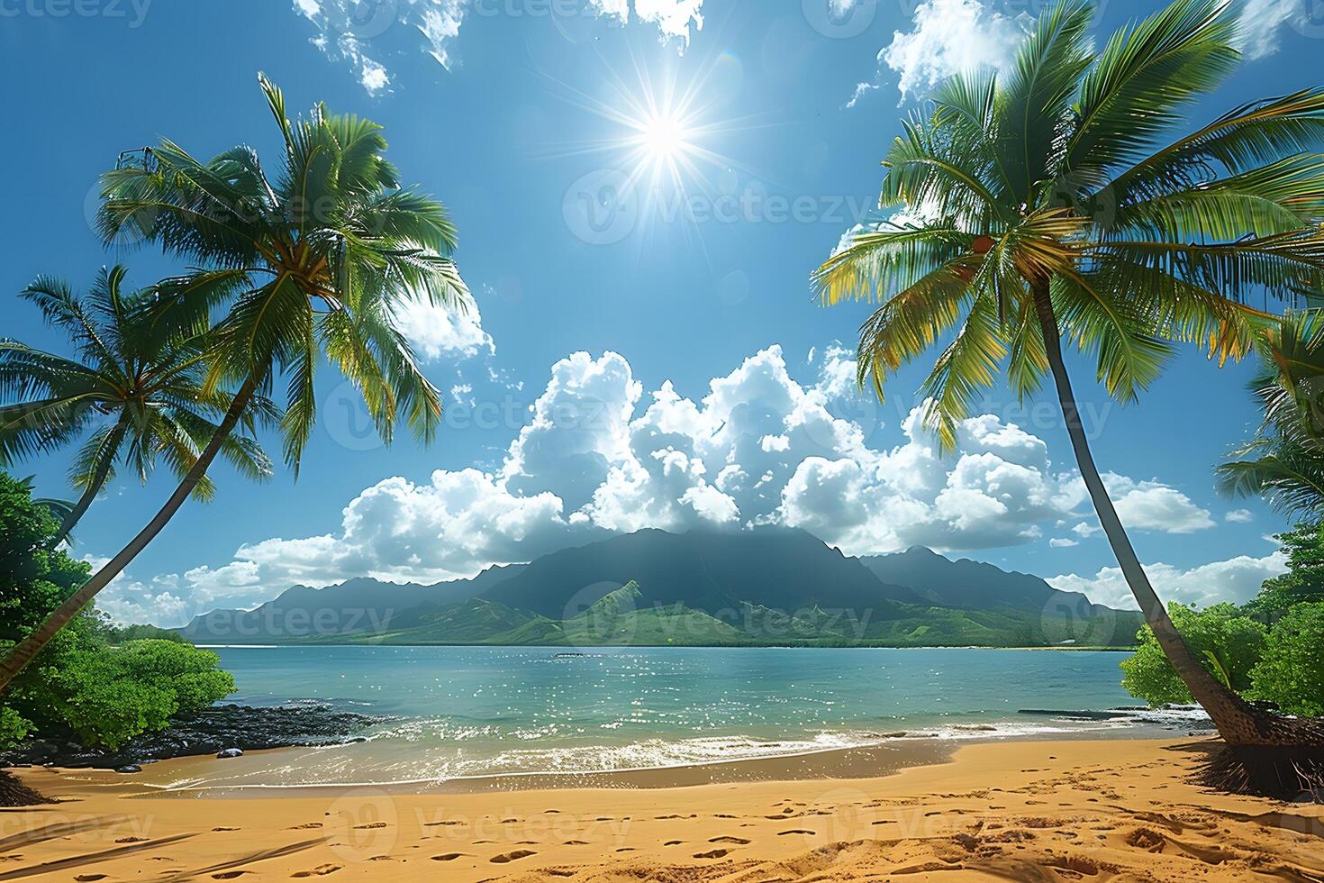 Tropical Paradise Beach Scene with Palm Trees and Mountain View Under Bright Sun photo