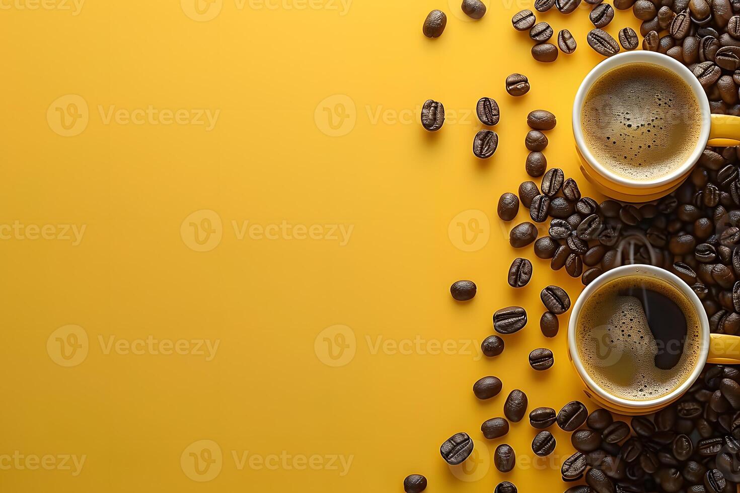 Coffee Lovers' Delight Two Cups with Beans on Yellow Background for Cafe Decor or Branding photo