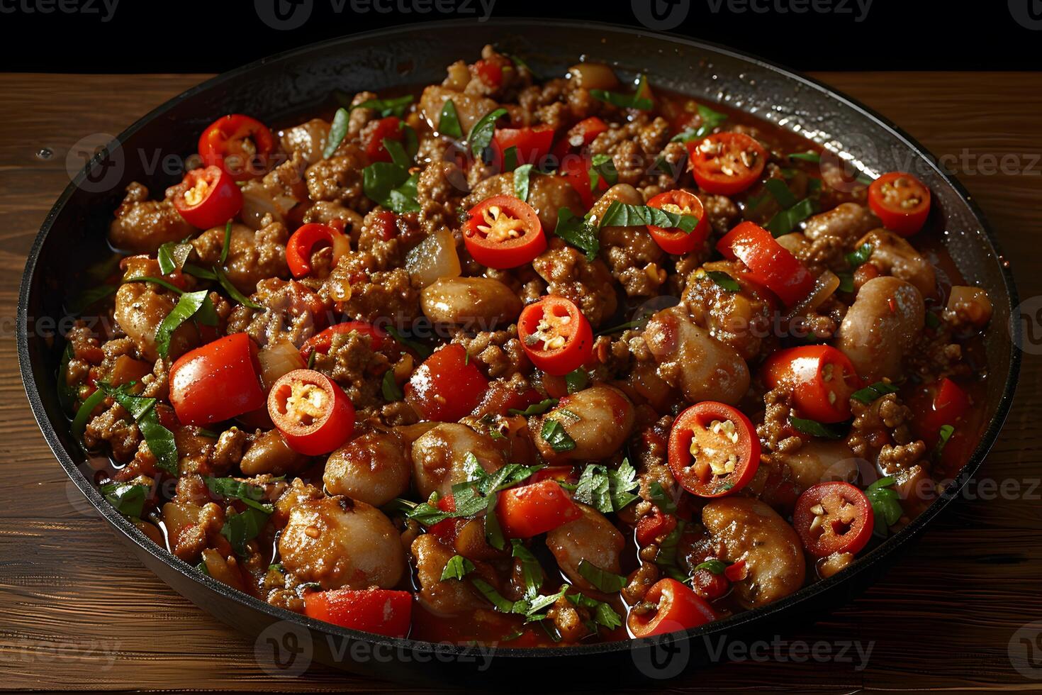 Spicy Sausage and Tomato Stew in Cast Iron Skillet for Hearty Meal Inspiration photo
