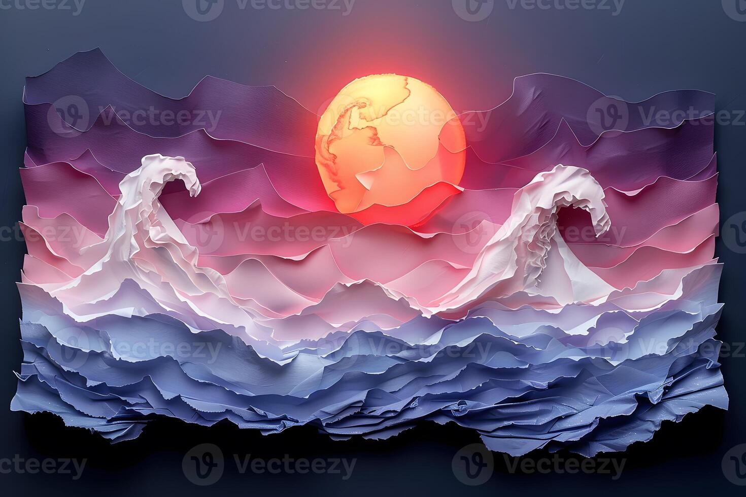 Abstract Ocean Waves and Sunset Scene in Layered Paper Art Design photo