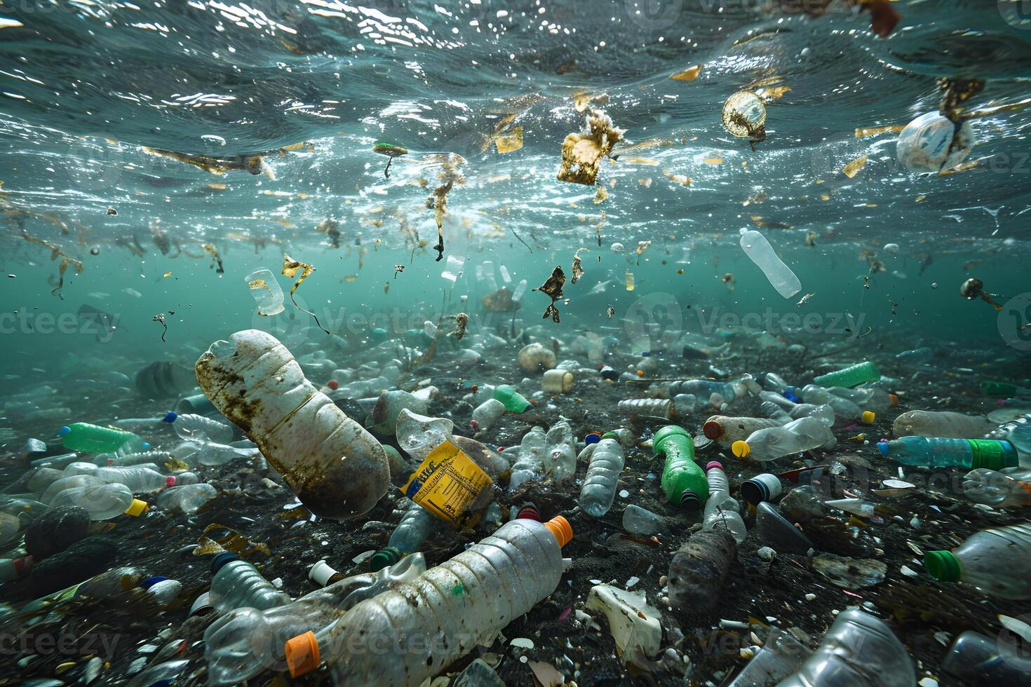 Underwater Pollution Crisis Ocean Filled with Plastic Waste and Debris photo