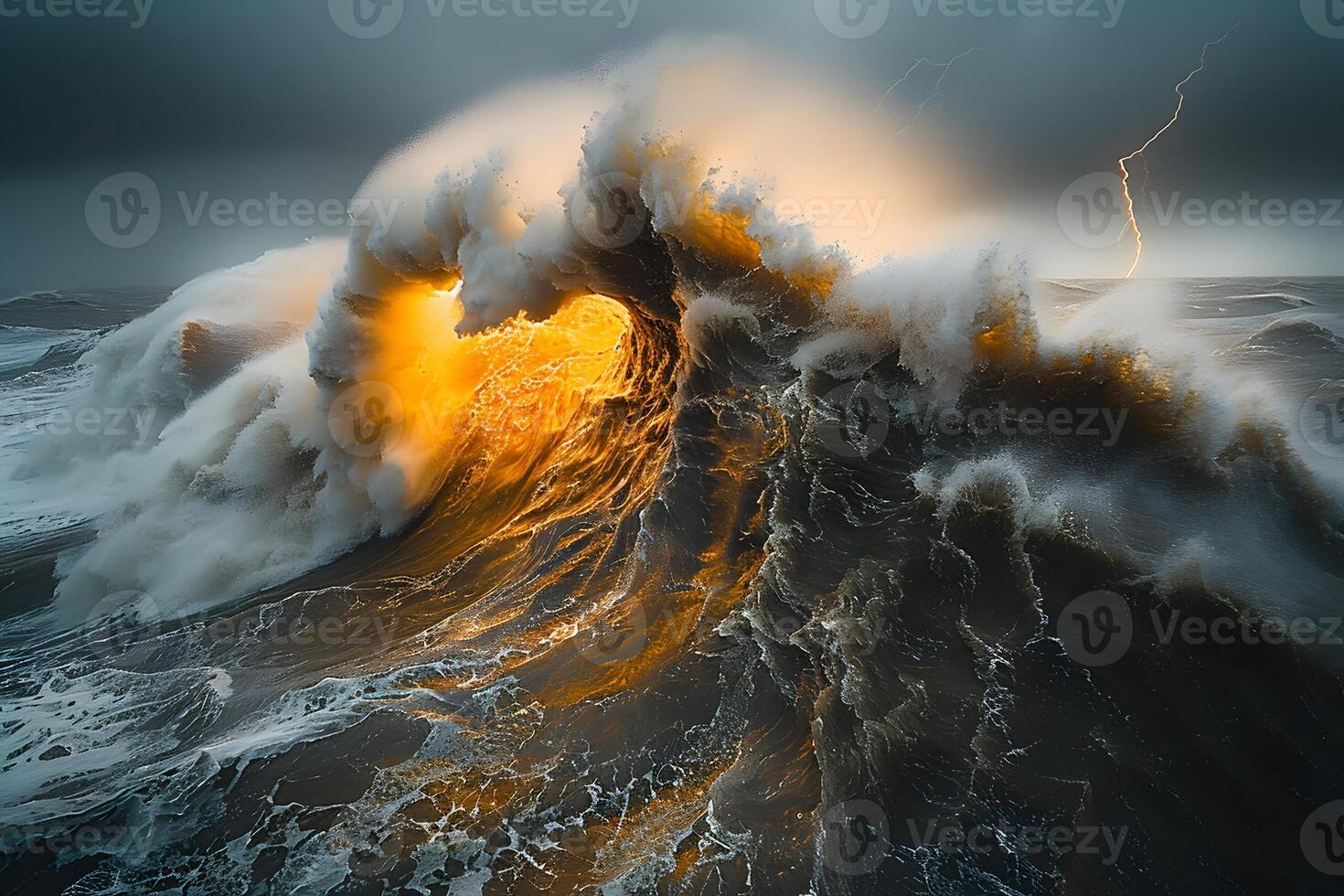 Dramatic Ocean Wave with Lightning at Sunset - Nature's Fury and Beauty photo