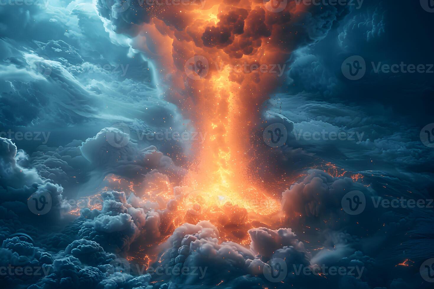 Volcanic Eruption with Fiery Lava Flowing Amidst Dark Stormy Skies photo