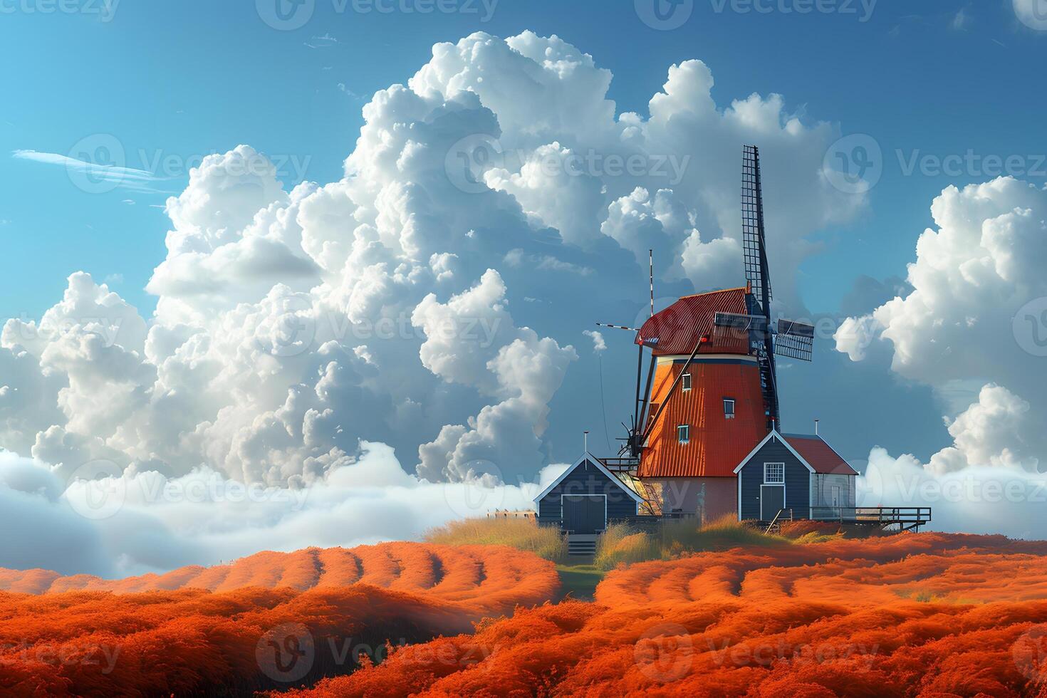 Idyllic Red Windmill Landscape with Dramatic Cloudscape photo